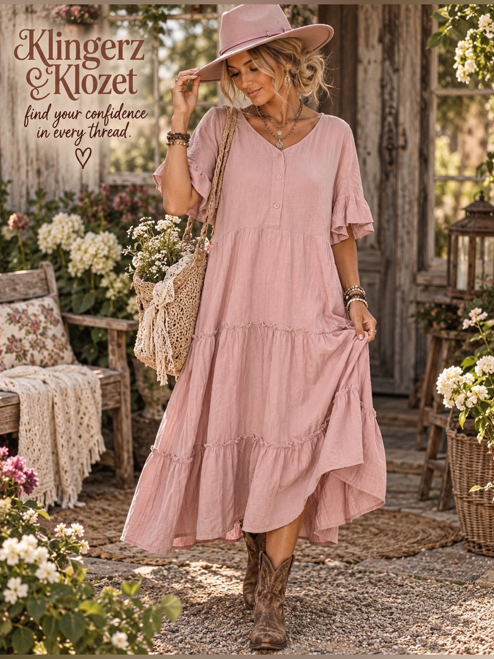SHEIN Dusty Pink V-Neck Tiered Midi Dress